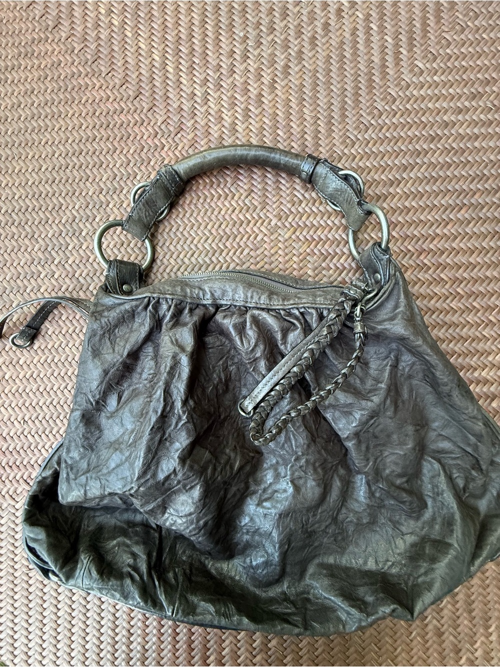 Juicy Couture Distressed Leather Hobo Bag Bronze Braided Strap Large Y2K